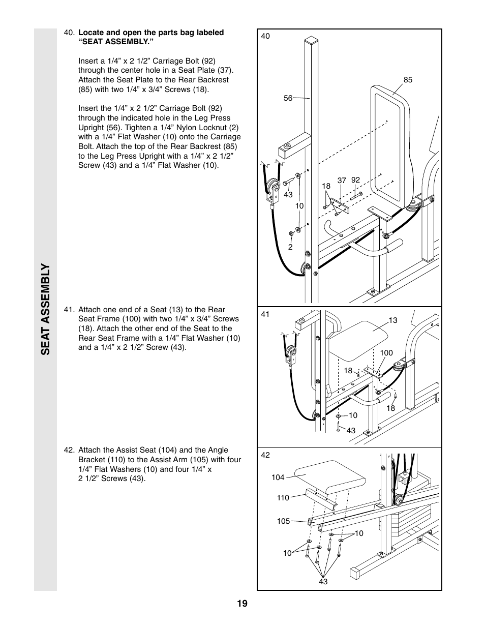Sea t assembl y | Weider WESY49310 User Manual | Page 19 / 33