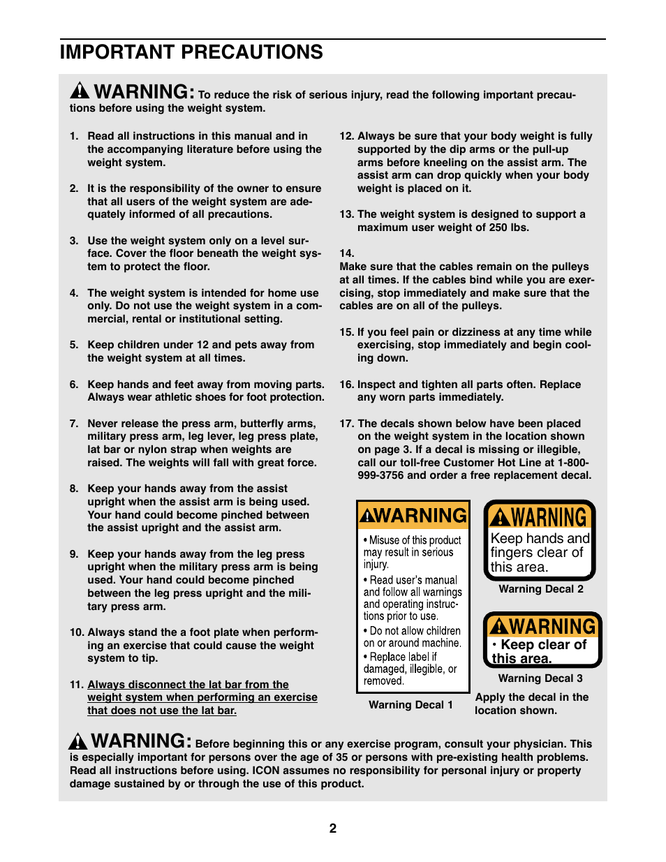 Warning, Important precautions, Keep hands and fingers clear of this area | Weider WESY49310 User Manual | Page 2 / 33