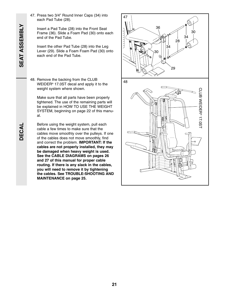 Sea t assembl y decal | Weider WESY49310 User Manual | Page 21 / 33