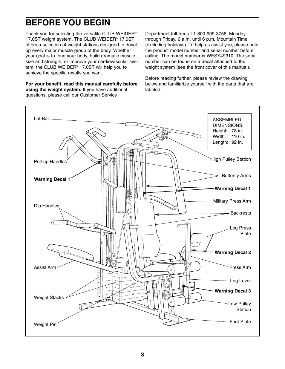 Before you begin | Weider WESY49310 User Manual | Page 3 / 33