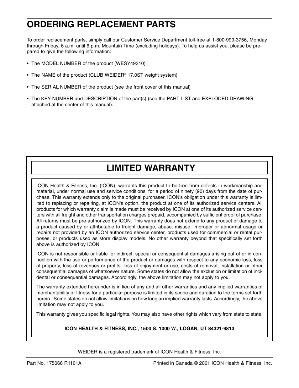 Ordering replacement parts, Limited warranty | Weider WESY49310 User Manual | Page 33 / 33