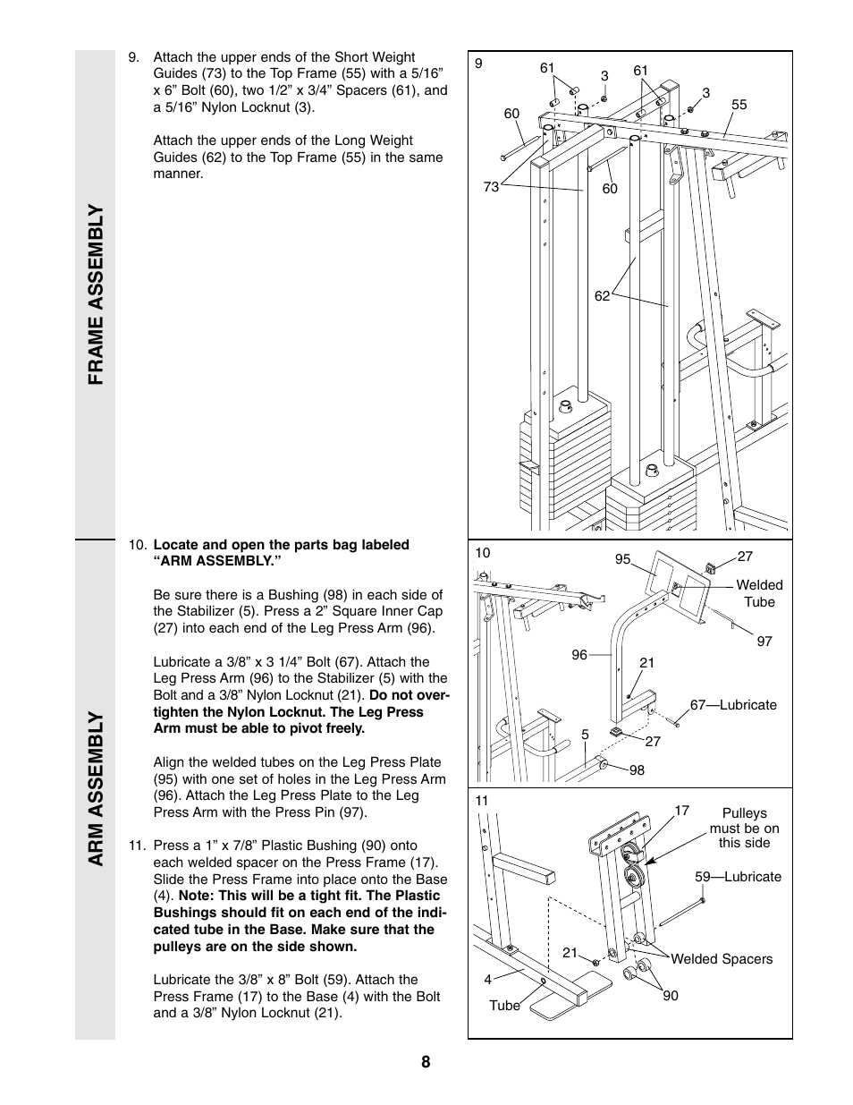 Frame assembl y arm assembl y | Weider WESY49310 User Manual | Page 8 / 33