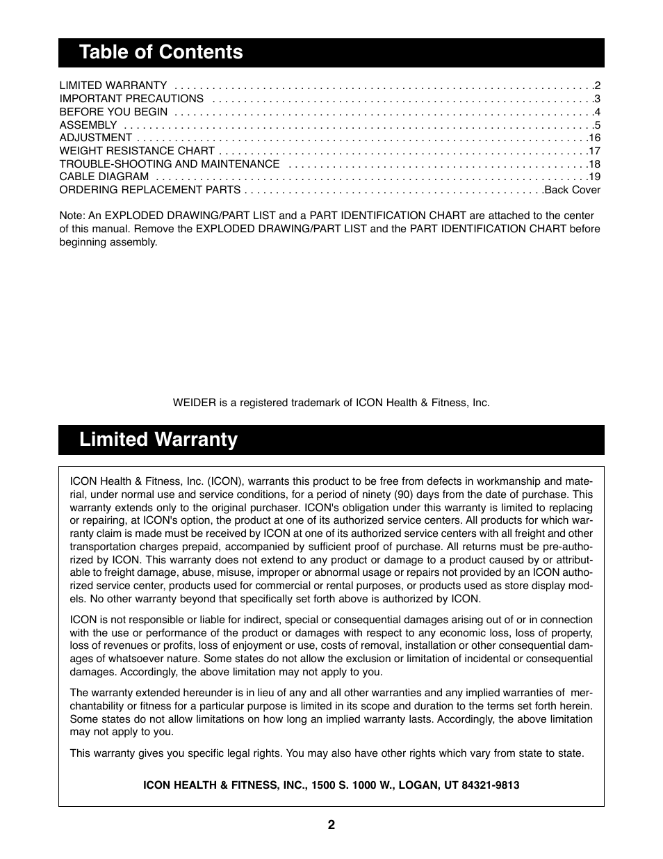 Table of contents limited warranty | Weider WESY85290 User Manual | Page 2 / 25