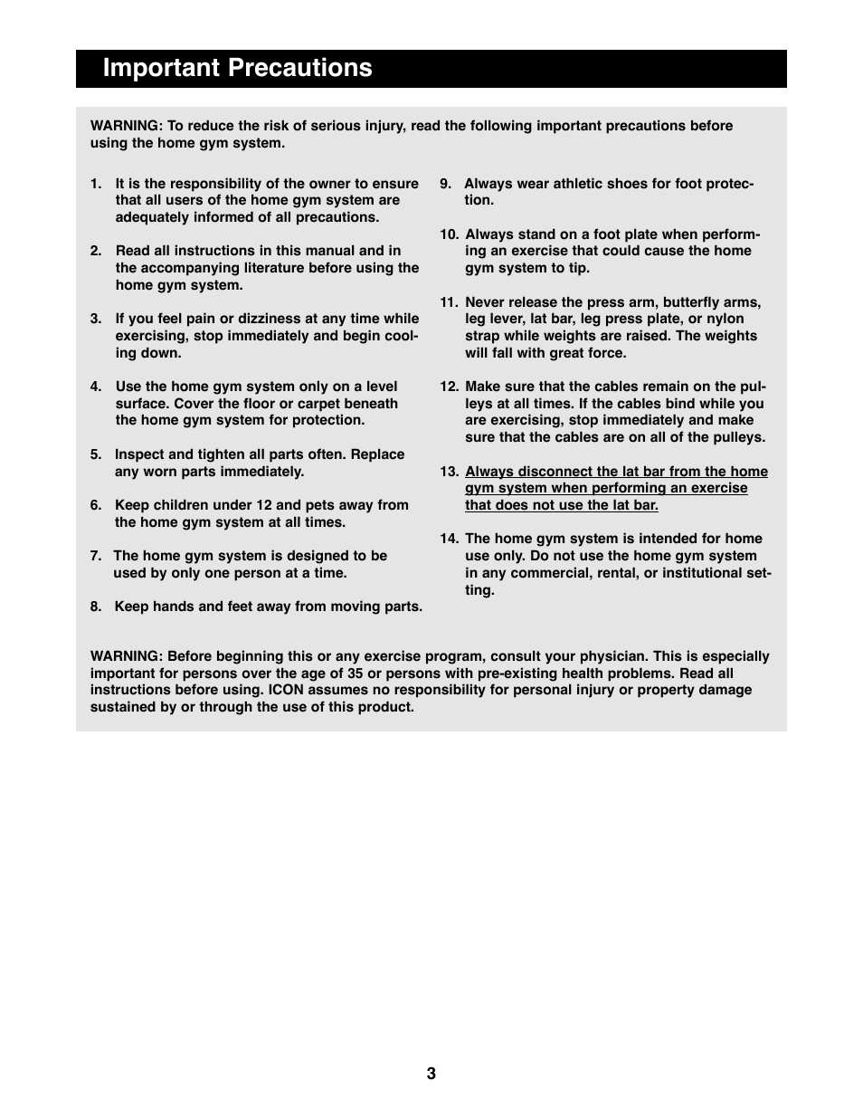 Important precautions | Weider WESY85290 User Manual | Page 3 / 25