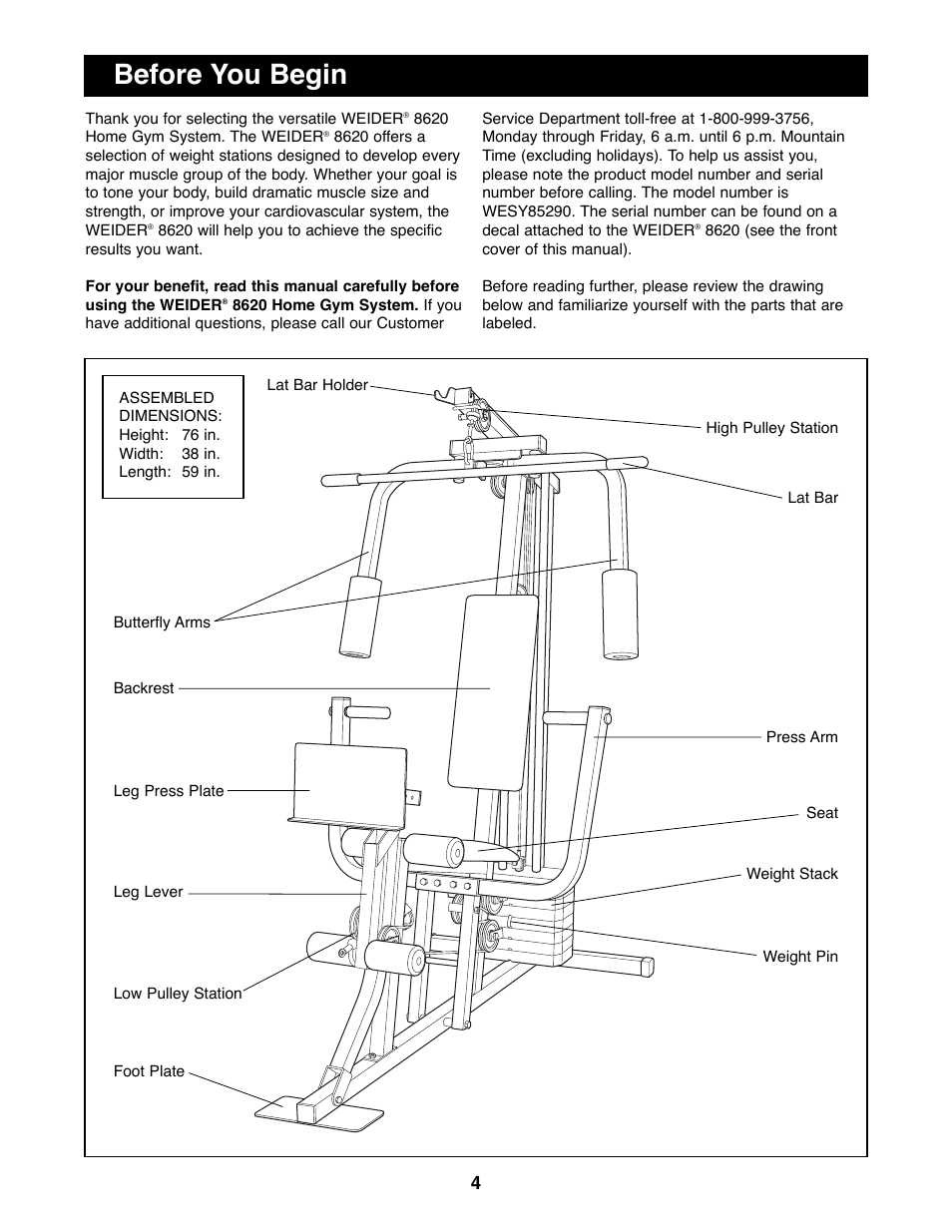 Before you begin | Weider WESY85290 User Manual | Page 4 / 25