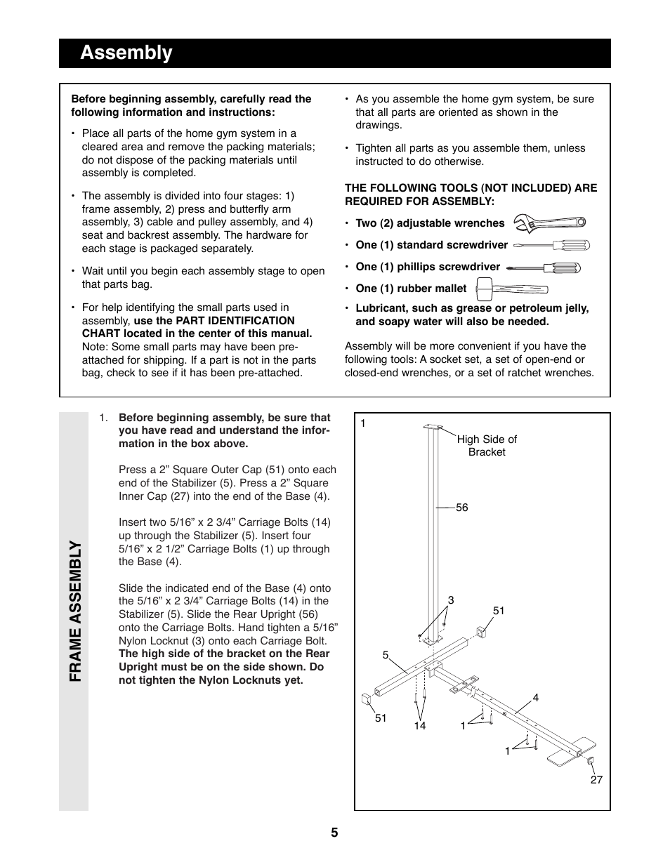 Assembly, Frame assembl y | Weider WESY85290 User Manual | Page 5 / 25