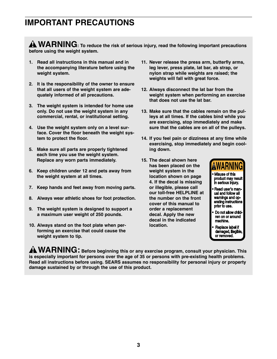 Important precautions warning, Warning | Weider 831.159830 User Manual | Page 3 / 39