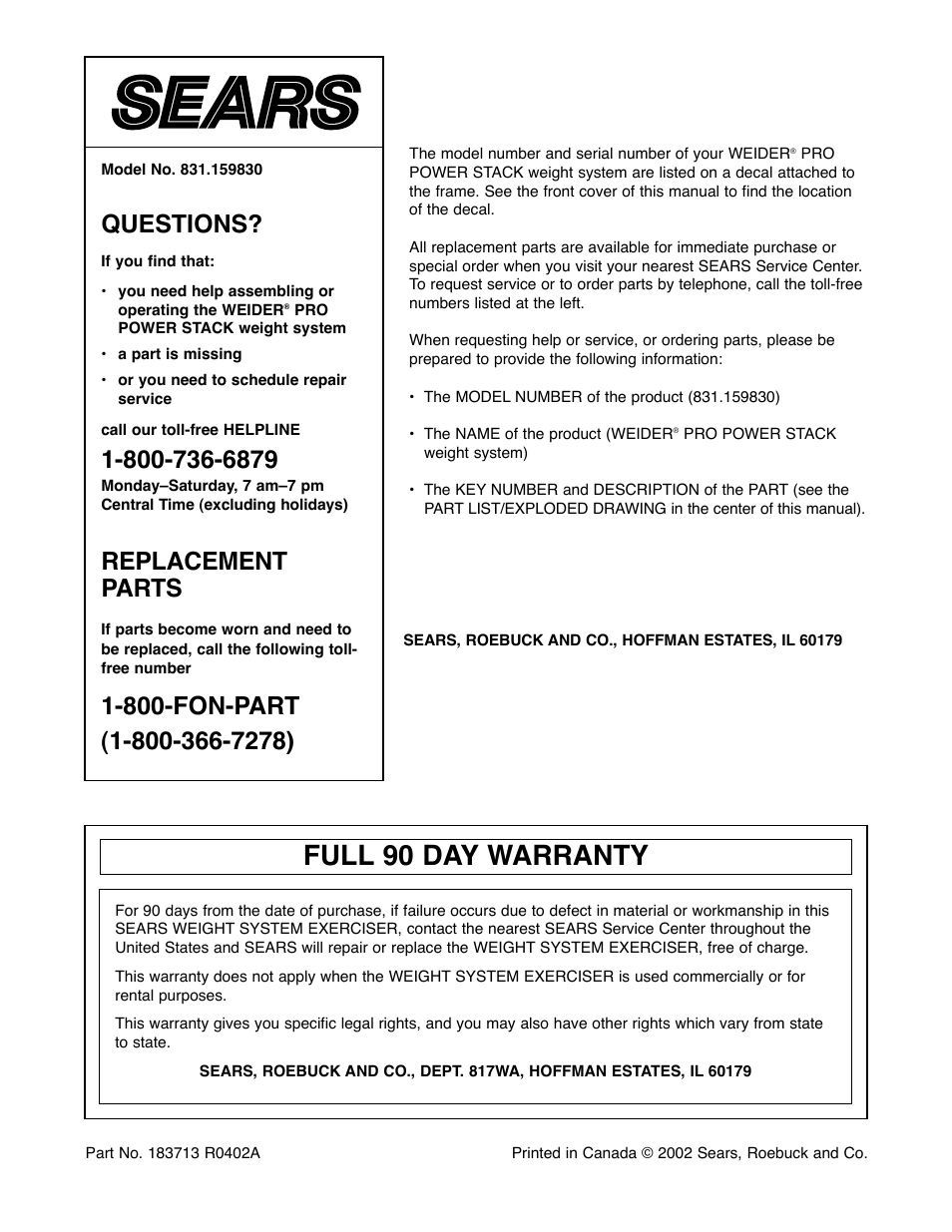 Full 90 day warranty, Questions, Replacement parts | Weider 831.159830 User Manual | Page 32 / 39