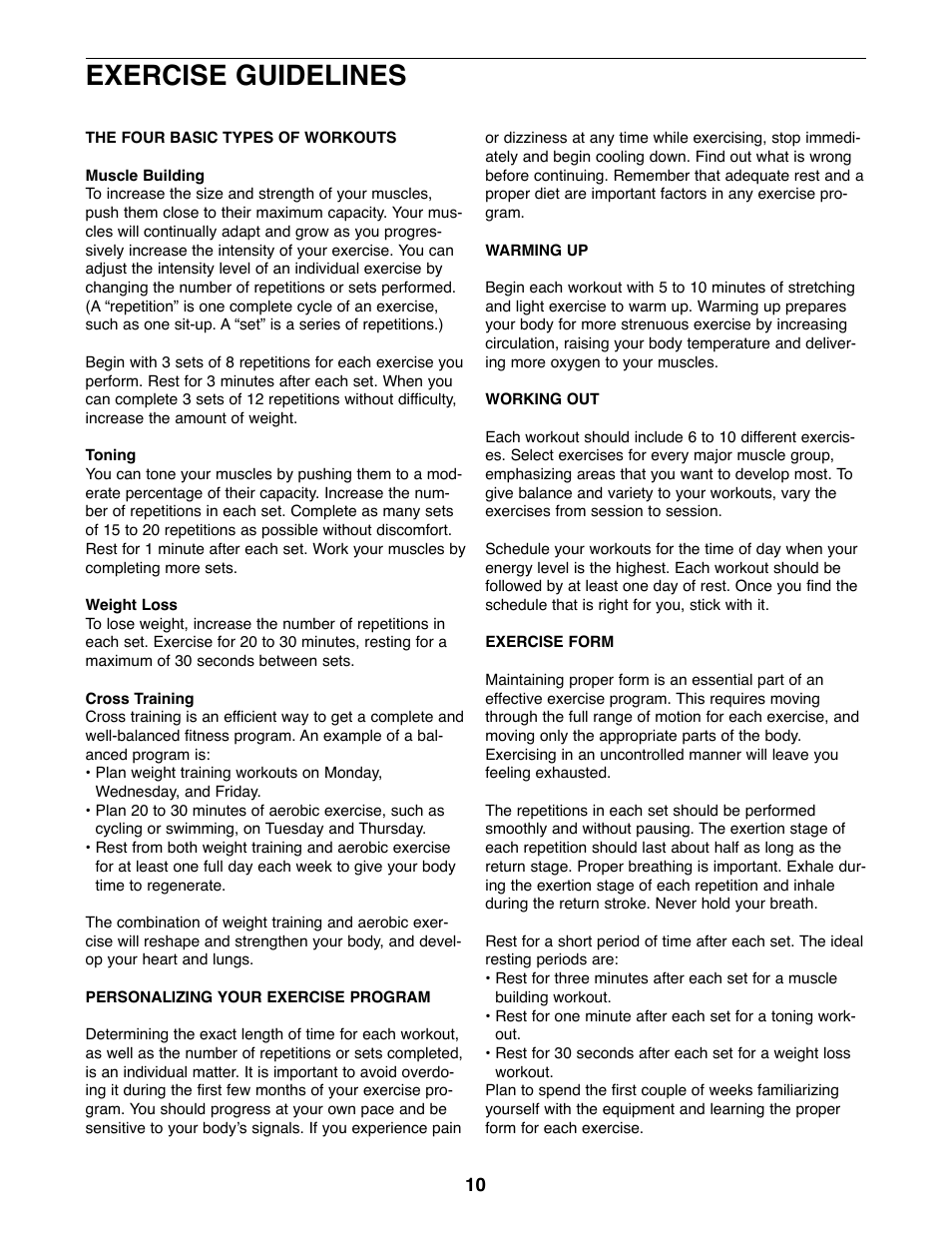 Exercise guidelines | Weider 220 User Manual | Page 10 / 16