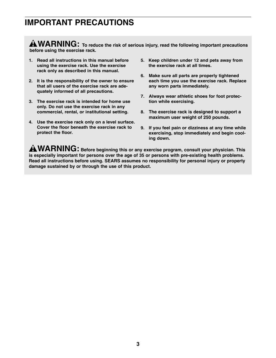 Warning, Important precautions | Weider 220 User Manual | Page 3 / 16