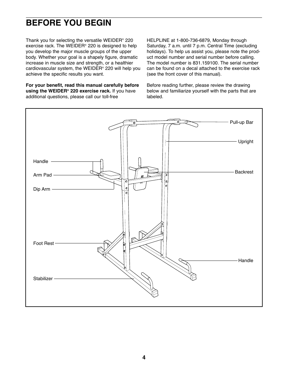 Before you begin | Weider 220 User Manual | Page 4 / 16