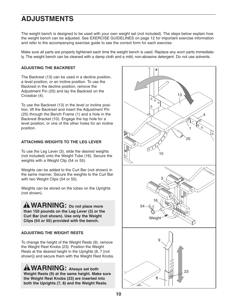 Warning, Adjustments | Weider Pro 240 831.150312 User Manual | Page 10 / 16