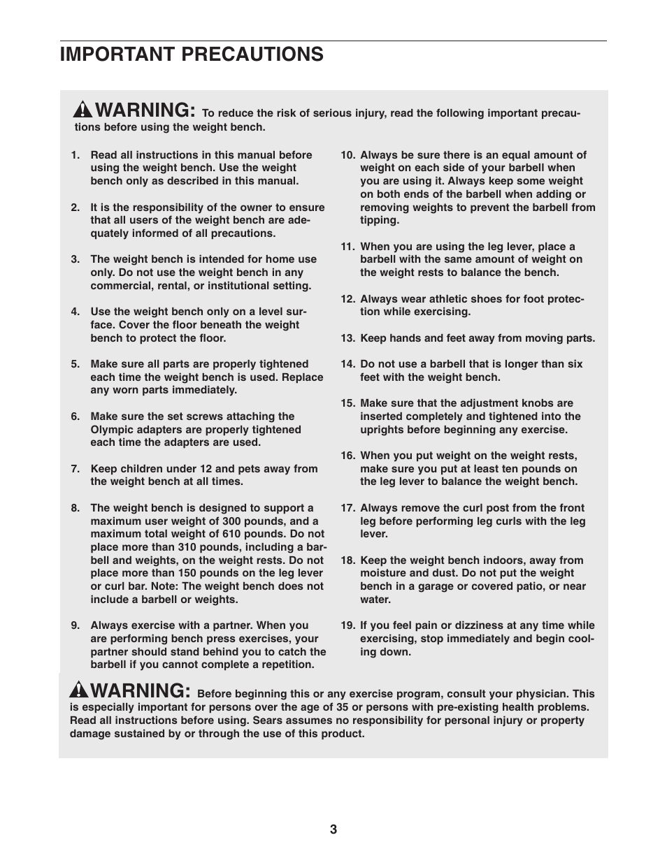Warning, Important precautions | Weider Pro 240 831.150312 User Manual | Page 3 / 16