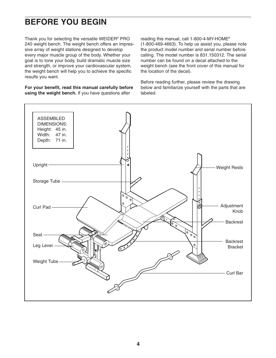 Before you begin | Weider Pro 240 831.150312 User Manual | Page 4 / 16