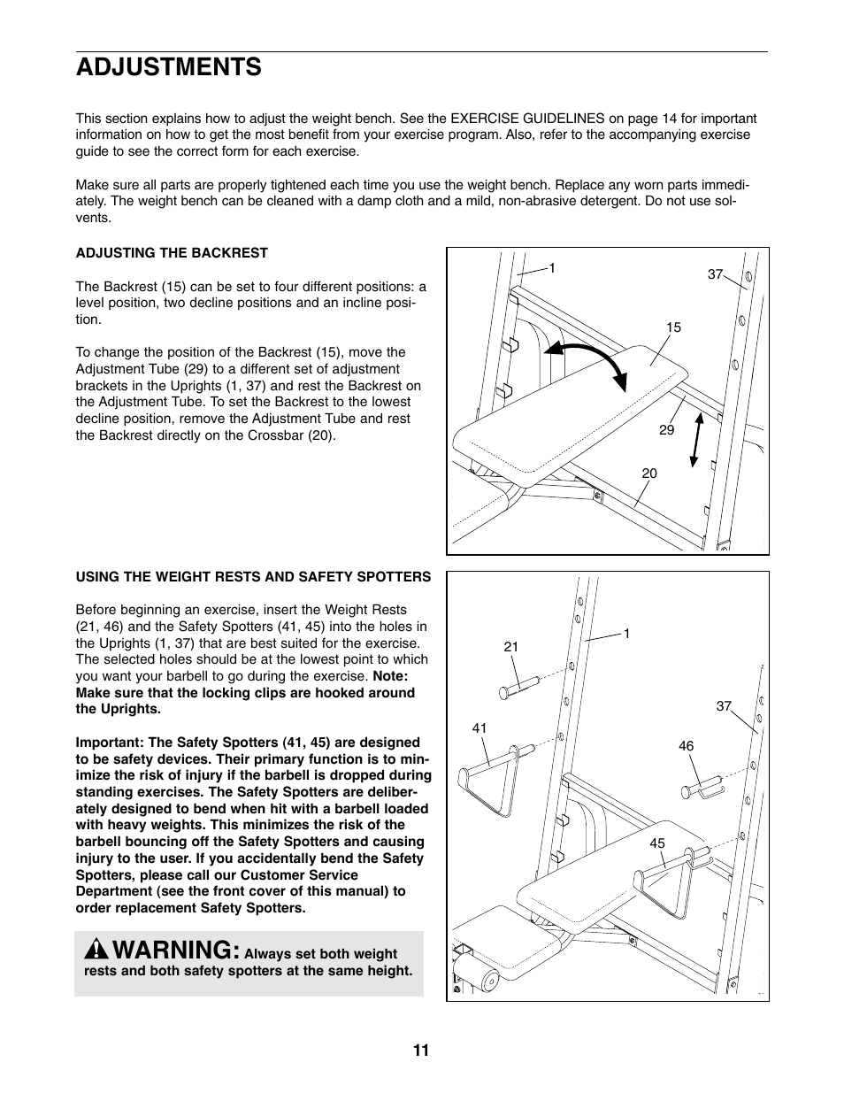 Warning, Adjustments | Weider WEBE64410 User Manual | Page 11 / 18