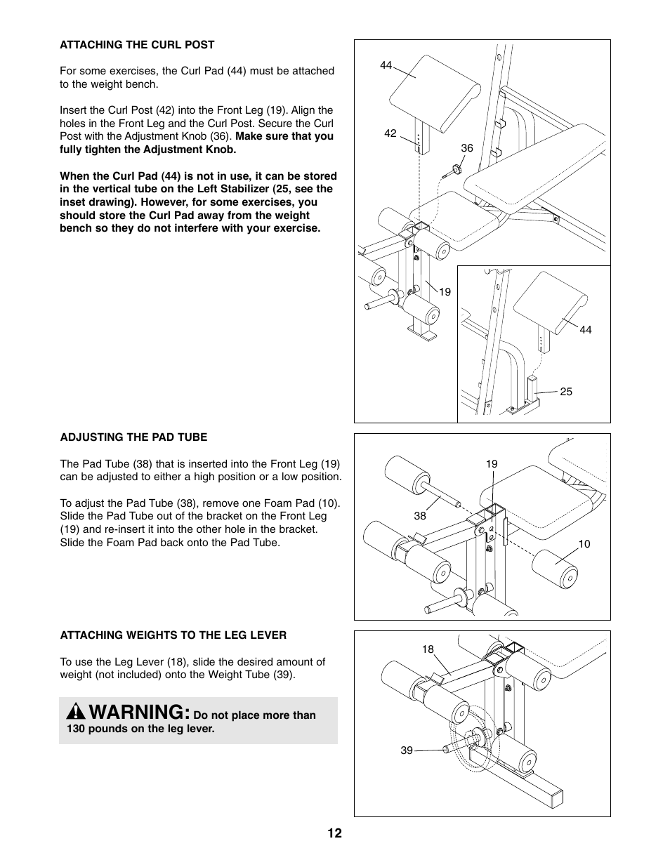 Warning | Weider WEBE64410 User Manual | Page 12 / 18