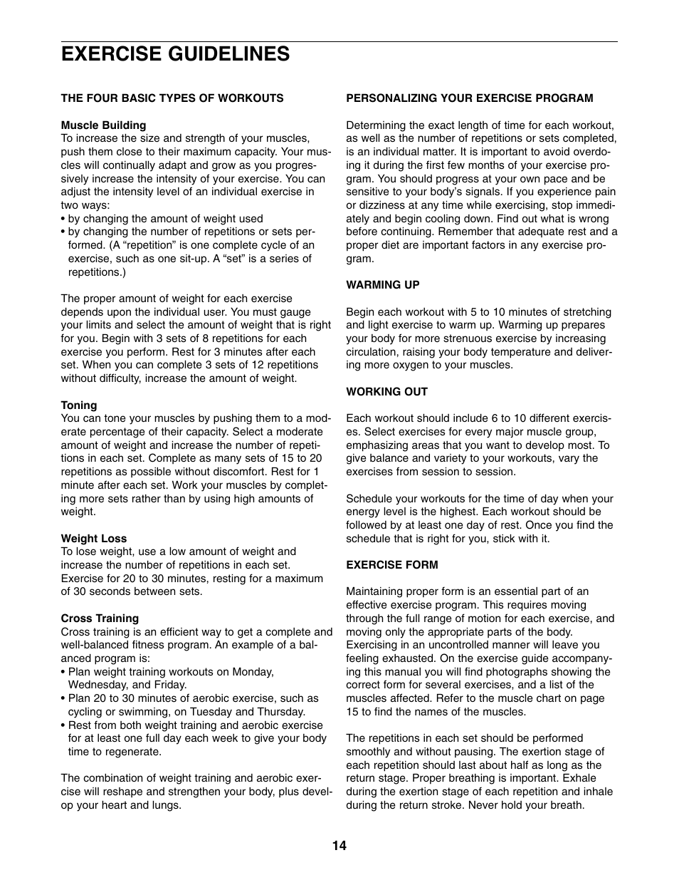 Exercise guidelines | Weider WEBE64410 User Manual | Page 14 / 18