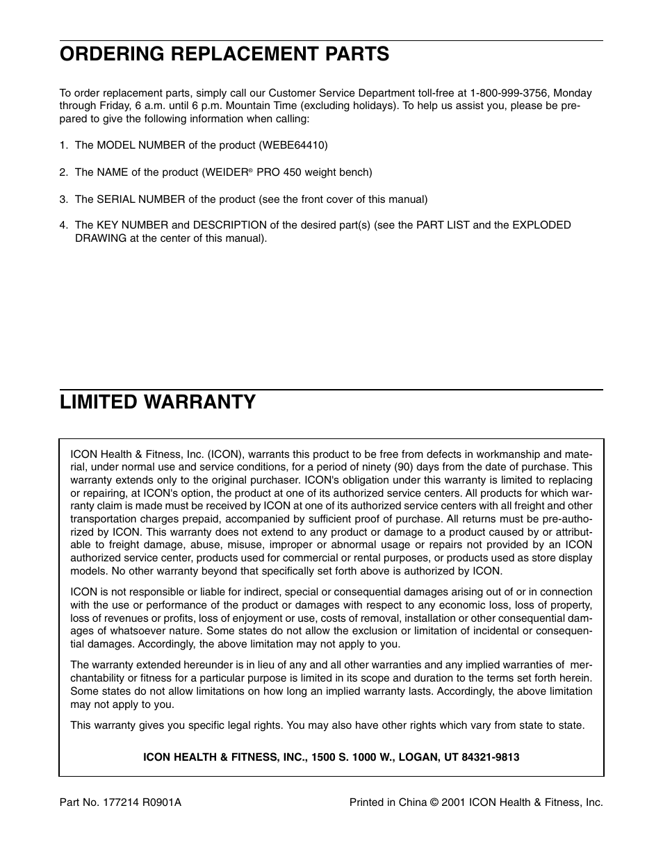Limited warranty ordering replacement parts | Weider WEBE64410 User Manual | Page 18 / 18