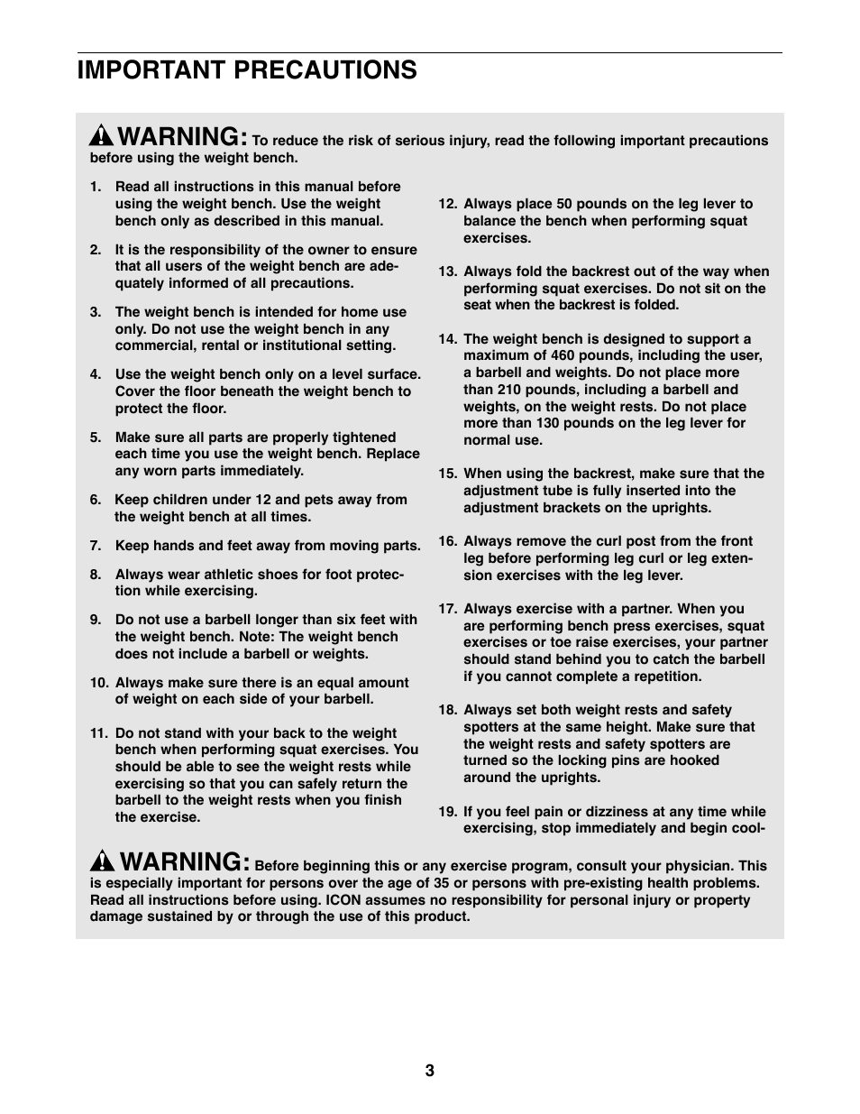 Warning, Important precautions warning | Weider WEBE64410 User Manual | Page 3 / 18