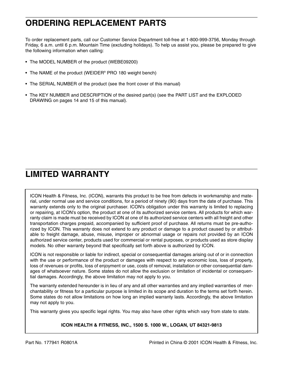 Limited warranty, Ordering replacement parts | Weider WEBE09200 User Manual | Page 16 / 16