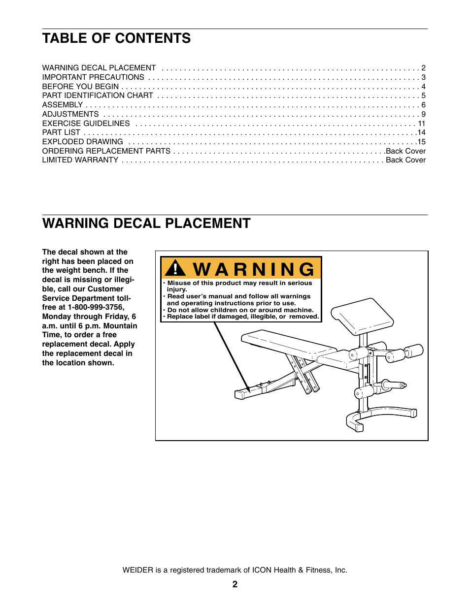 Weider WEBE09200 User Manual | Page 2 / 16