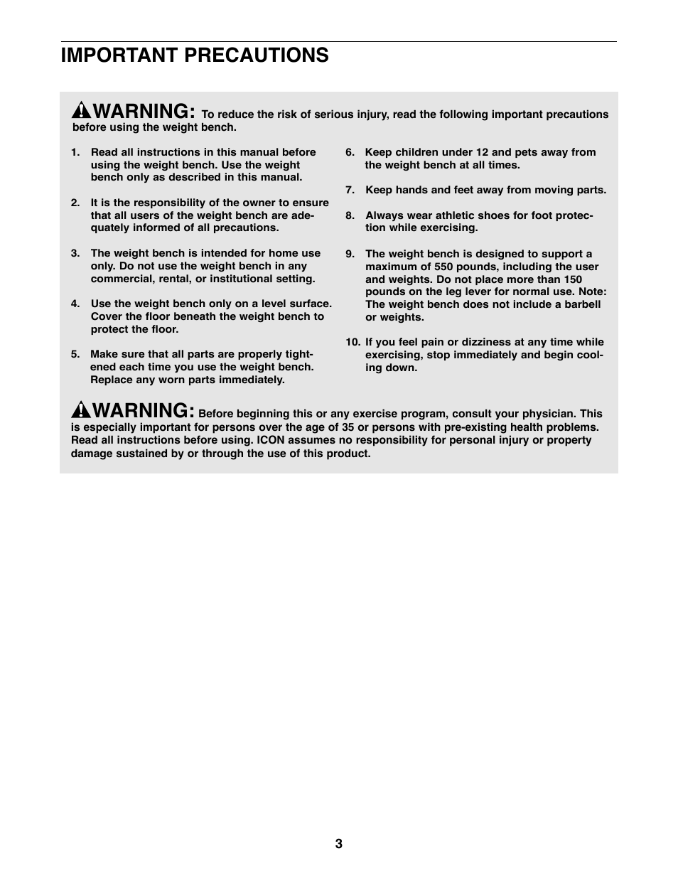Warning, Important precautions | Weider WEBE09200 User Manual | Page 3 / 16