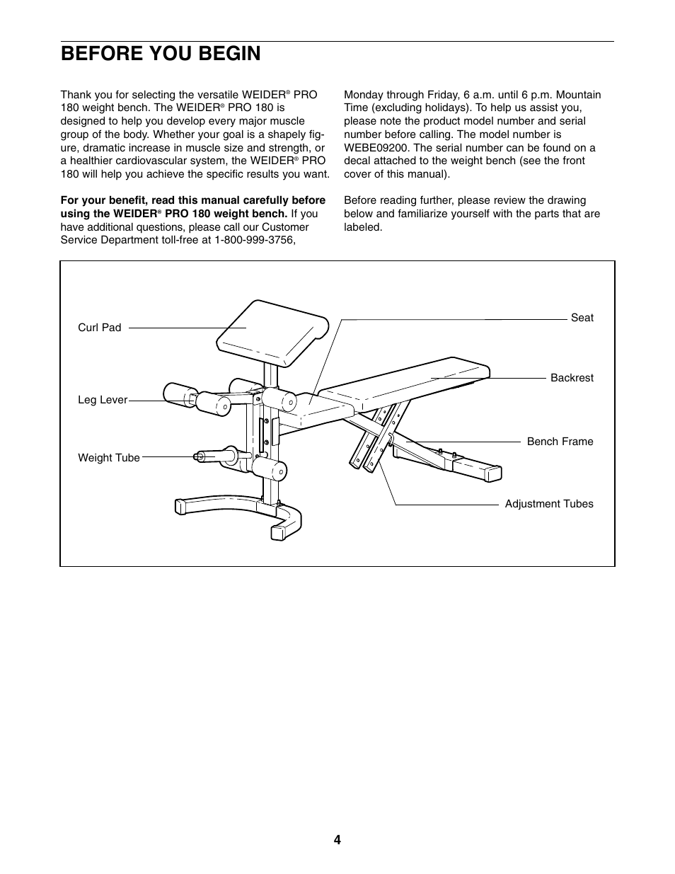 Before you begin | Weider WEBE09200 User Manual | Page 4 / 16