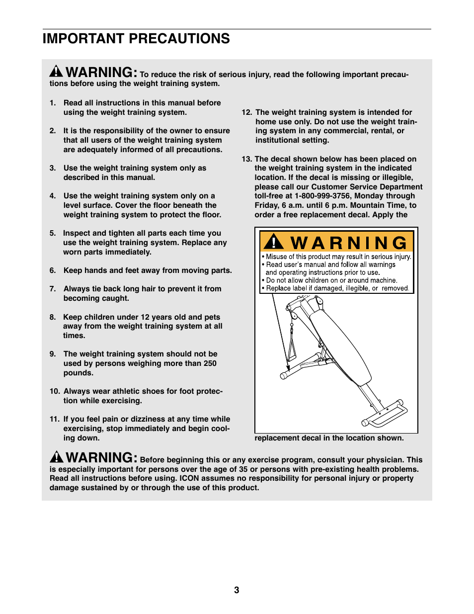 Warning, Important precautions | Weider WEBE14010 User Manual | Page 3 / 12