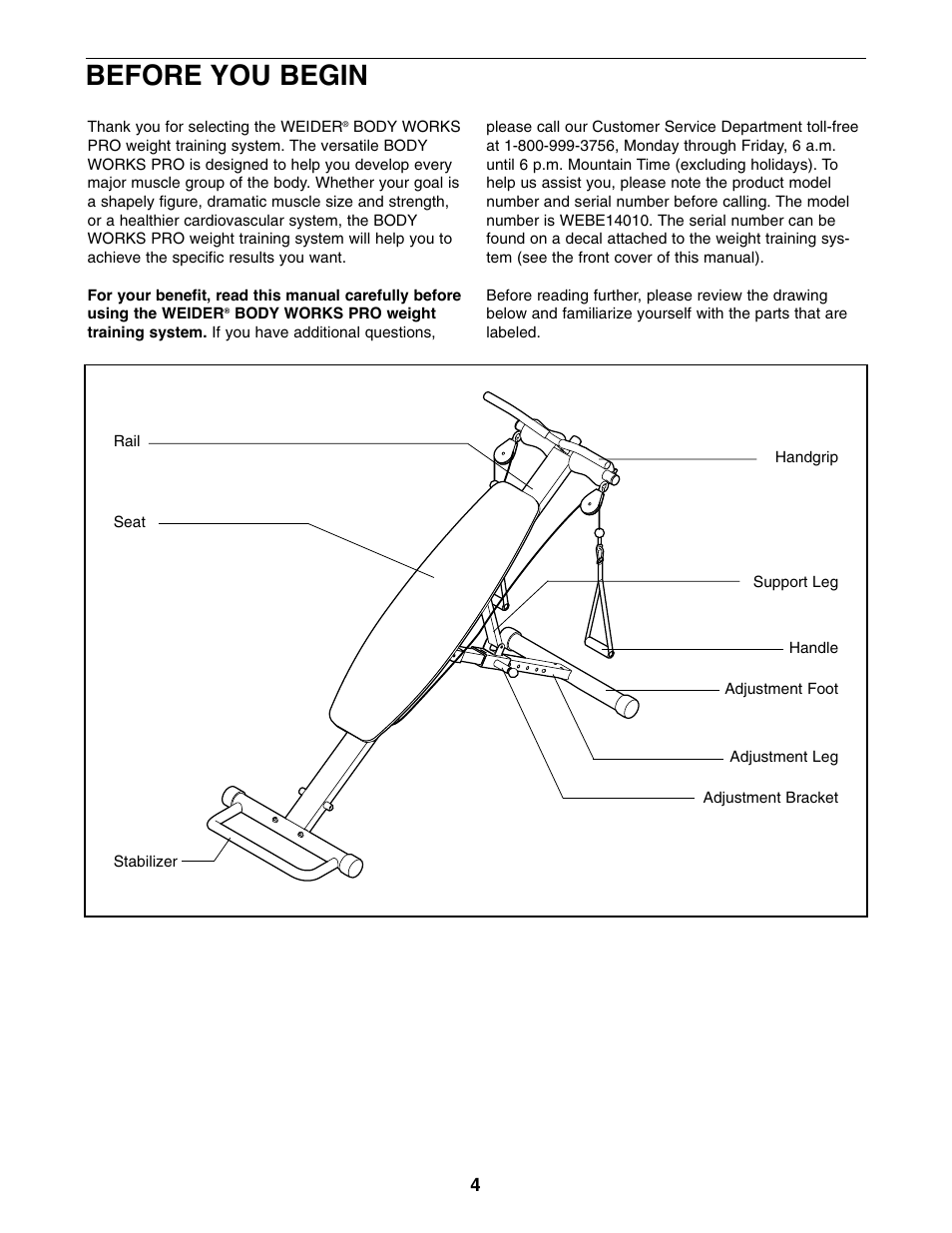 Before you begin | Weider WEBE14010 User Manual | Page 4 / 12