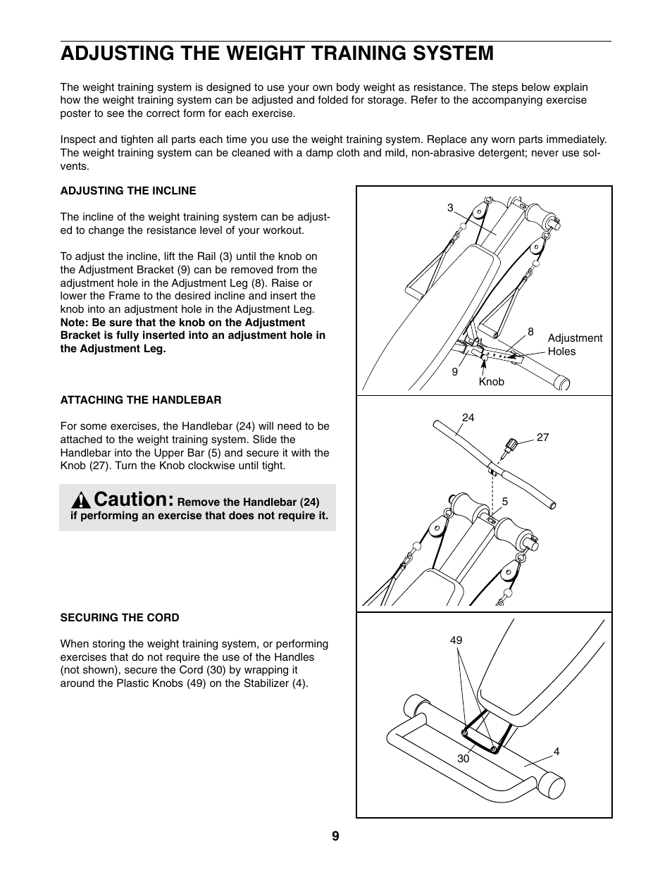 Adjusting the weight training system, Caution | Weider WEBE14010 User Manual | Page 9 / 12
