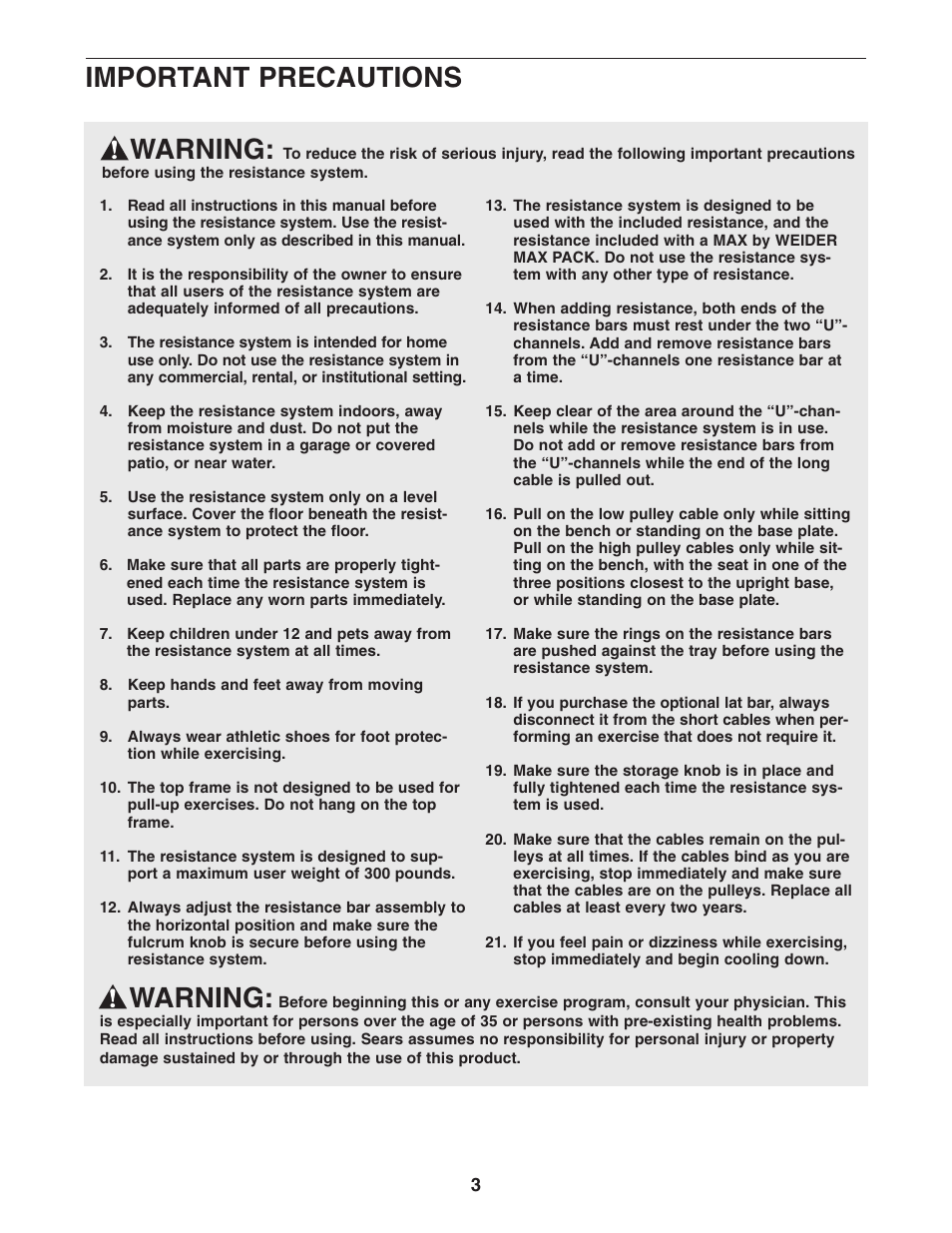 Warning, Important precautions | Weider 831.15392.3 User Manual | Page 3 / 24