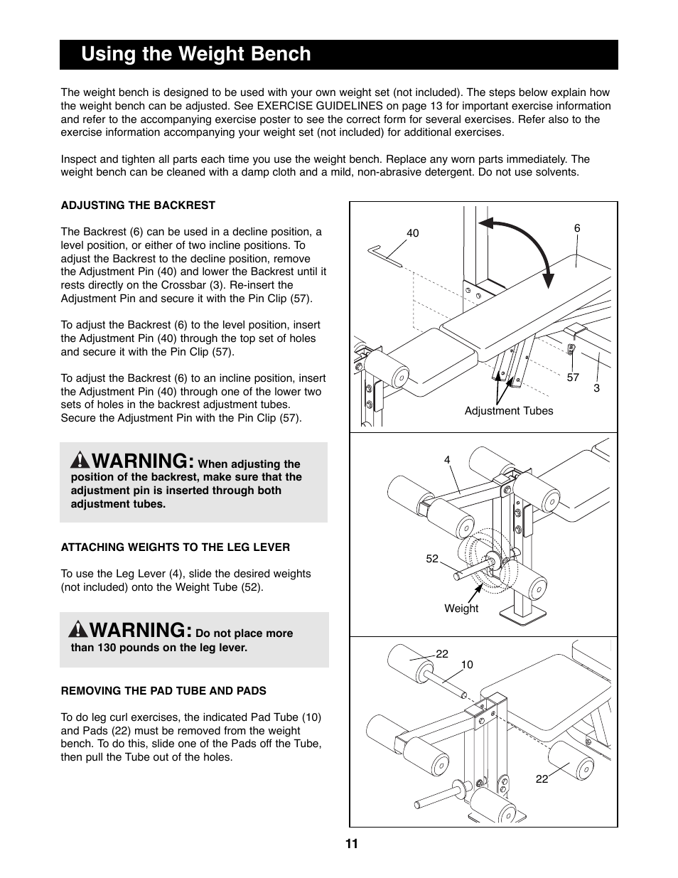 Using the weight bench, Warning | Weider WEBE15100 User Manual | Page 11 / 20