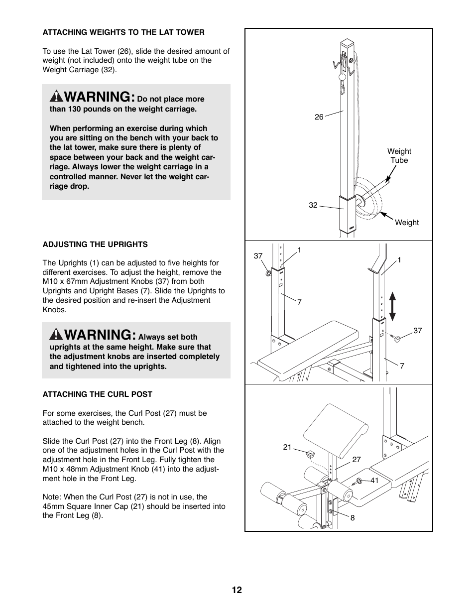 Warning | Weider WEBE15100 User Manual | Page 12 / 20