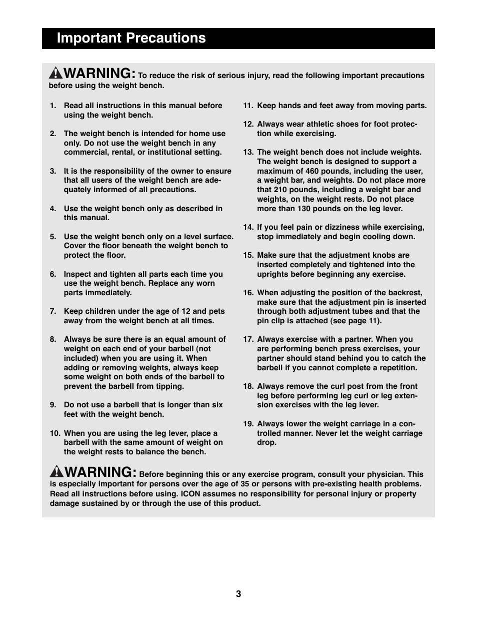 Warning, Important precautions warning | Weider WEBE15100 User Manual | Page 3 / 20