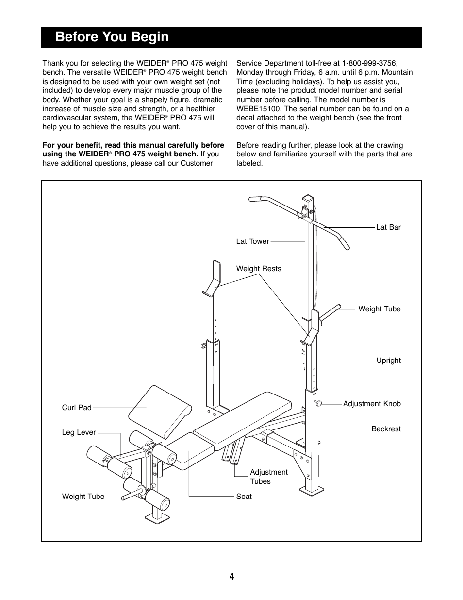 Before you begin | Weider WEBE15100 User Manual | Page 4 / 20