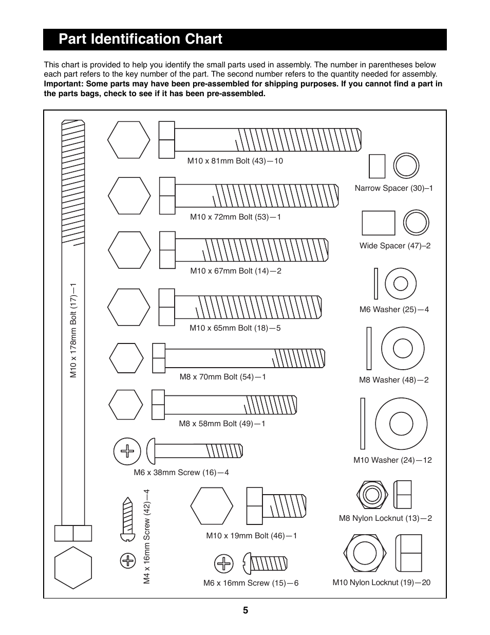 Part identification chart | Weider WEBE15100 User Manual | Page 5 / 20