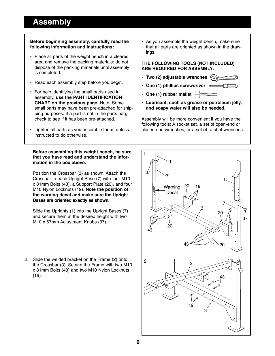 Assembly | Weider WEBE15100 User Manual | Page 6 / 20