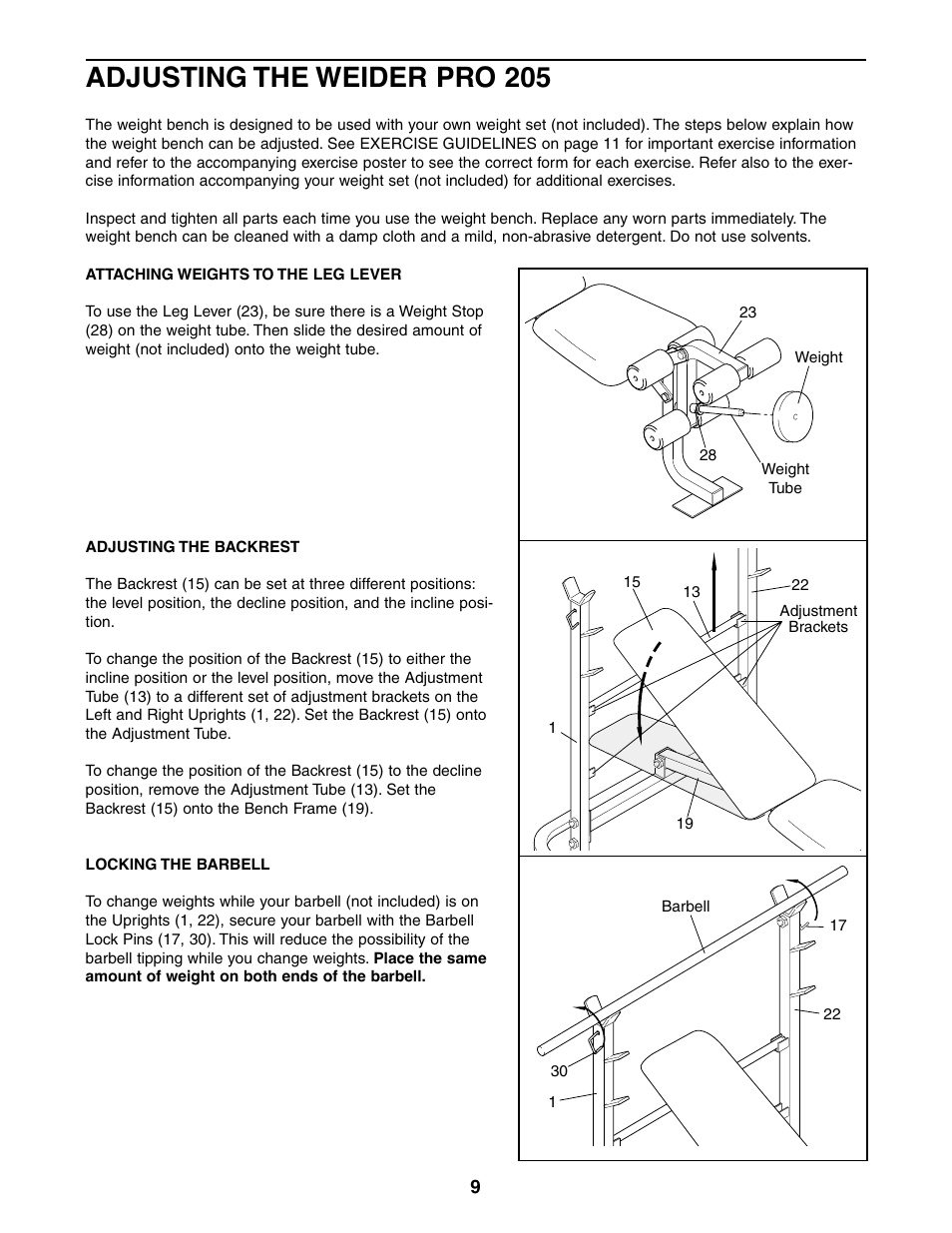 Adjusting the weider pro 205 | Weider 831.150360 User Manual | Page 9 / 16