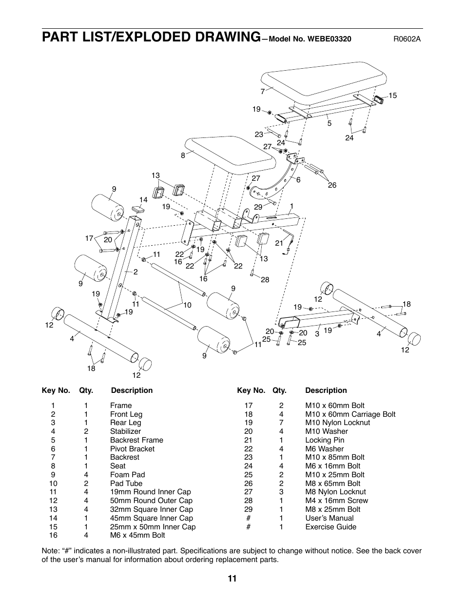 Part list/exploded drawing | Weider WEBE03320 User Manual | Page 11 / 12