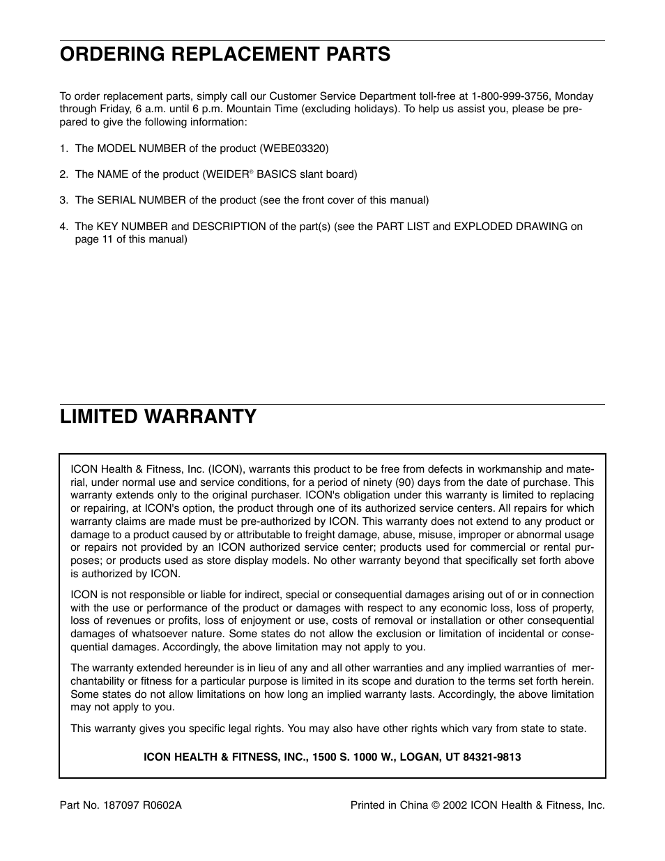 Limited warranty, Ordering replacement parts | Weider WEBE03320 User Manual | Page 12 / 12