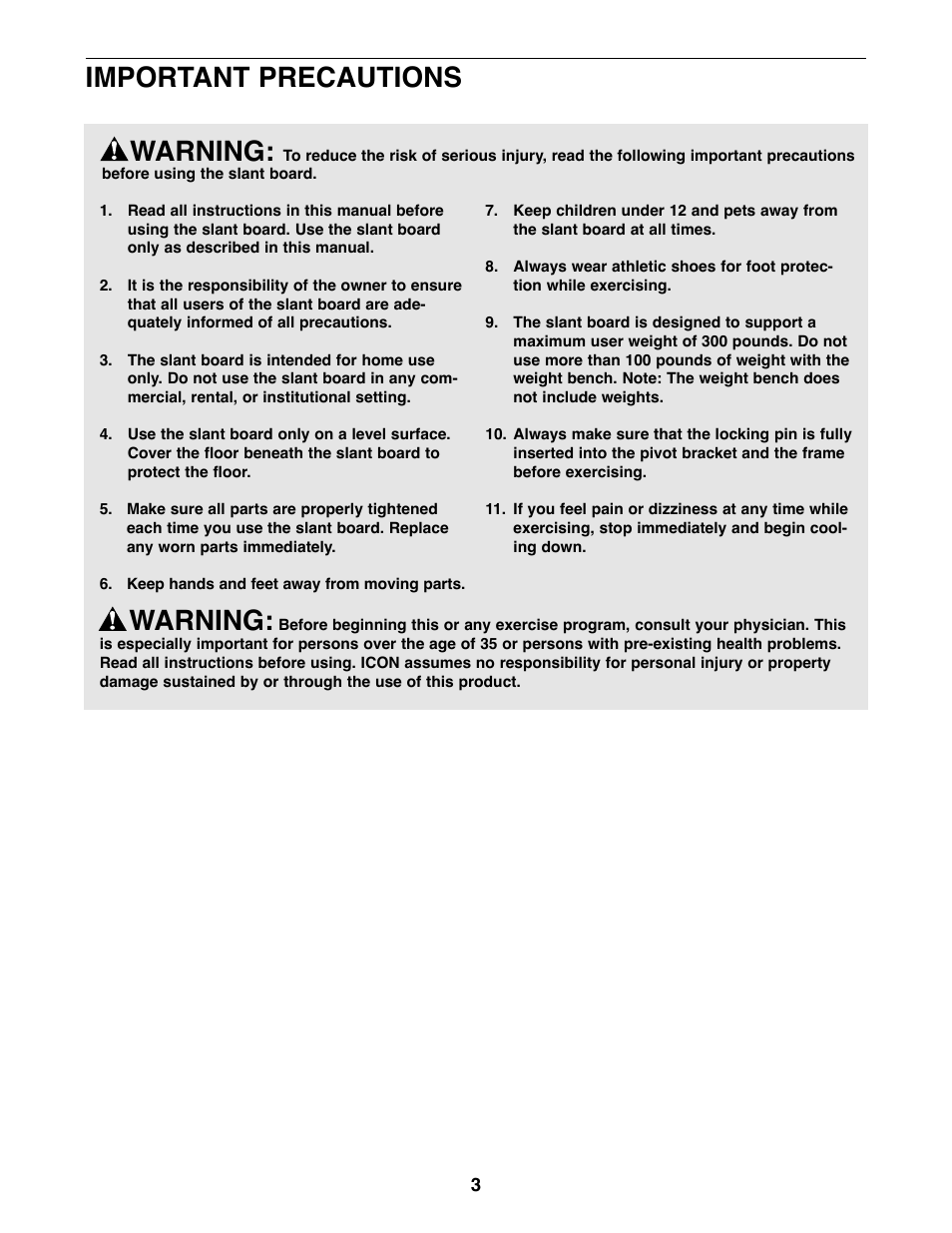 Warning, Important precautions | Weider WEBE03320 User Manual | Page 3 / 12