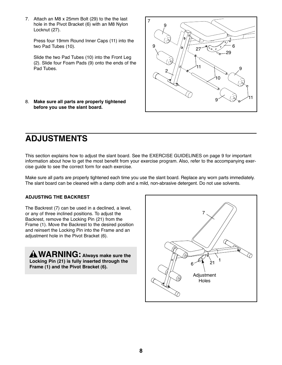 Adjustments, Warning | Weider WEBE03320 User Manual | Page 8 / 12