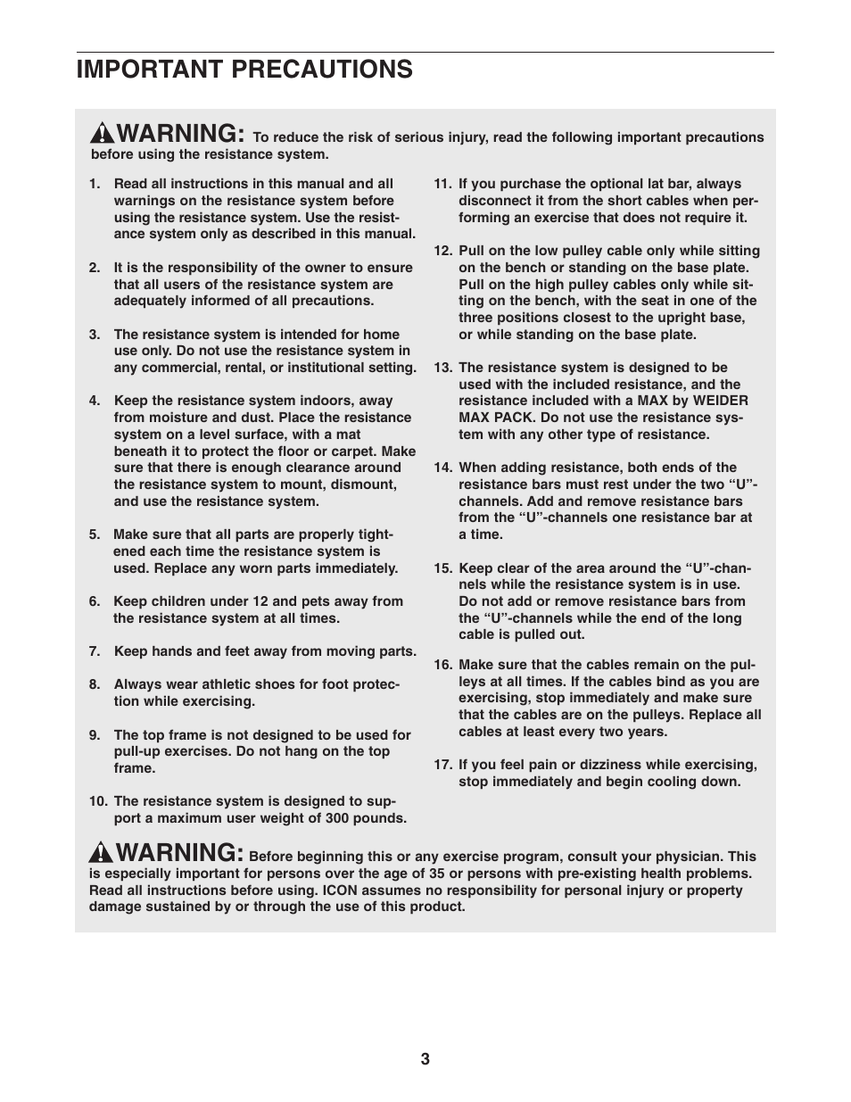 Warning, Important precautions | Weider WESY3924.2 User Manual | Page 3 / 24