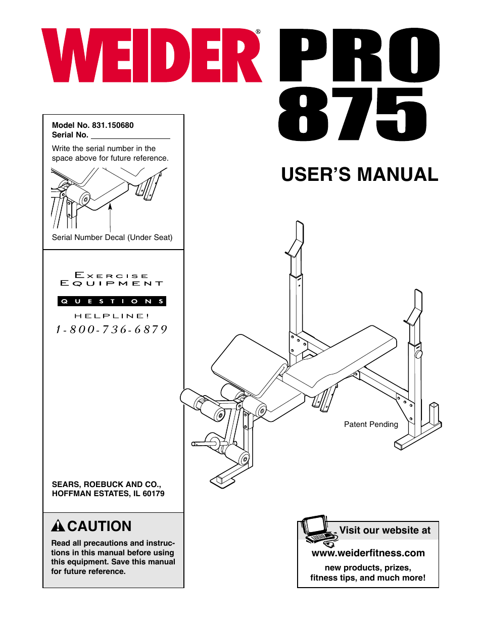 Weider Pro 875 831.150680 User Manual | 16 pages