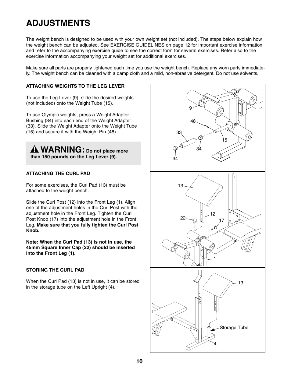 Warning, Adjustments | Weider Pro 875 831.150680 User Manual | Page 10 / 16