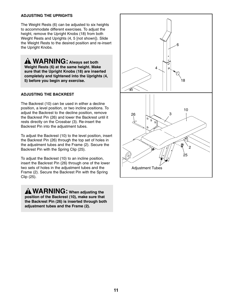 Warning | Weider Pro 875 831.150680 User Manual | Page 11 / 16
