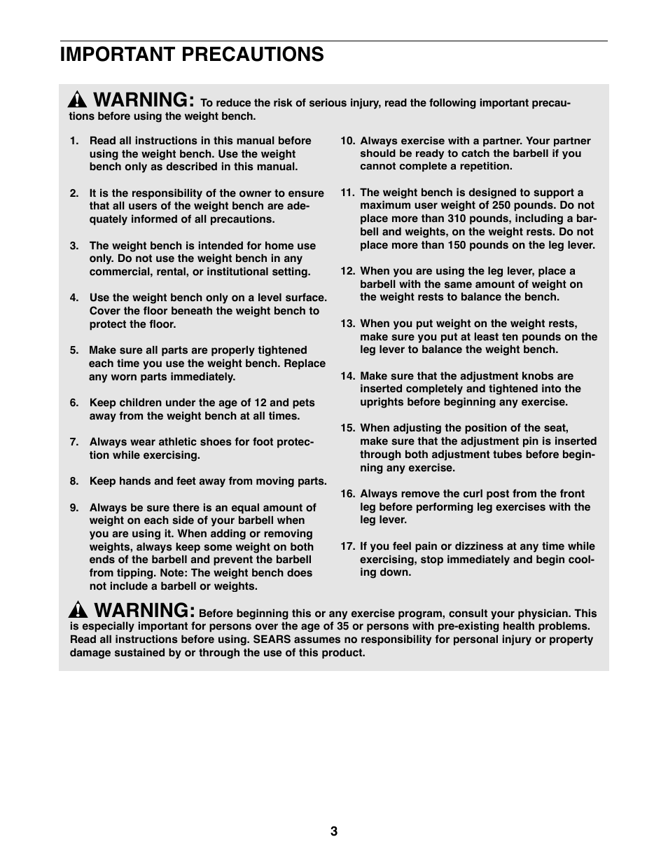 Warning, Important precautions | Weider Pro 875 831.150680 User Manual | Page 3 / 16