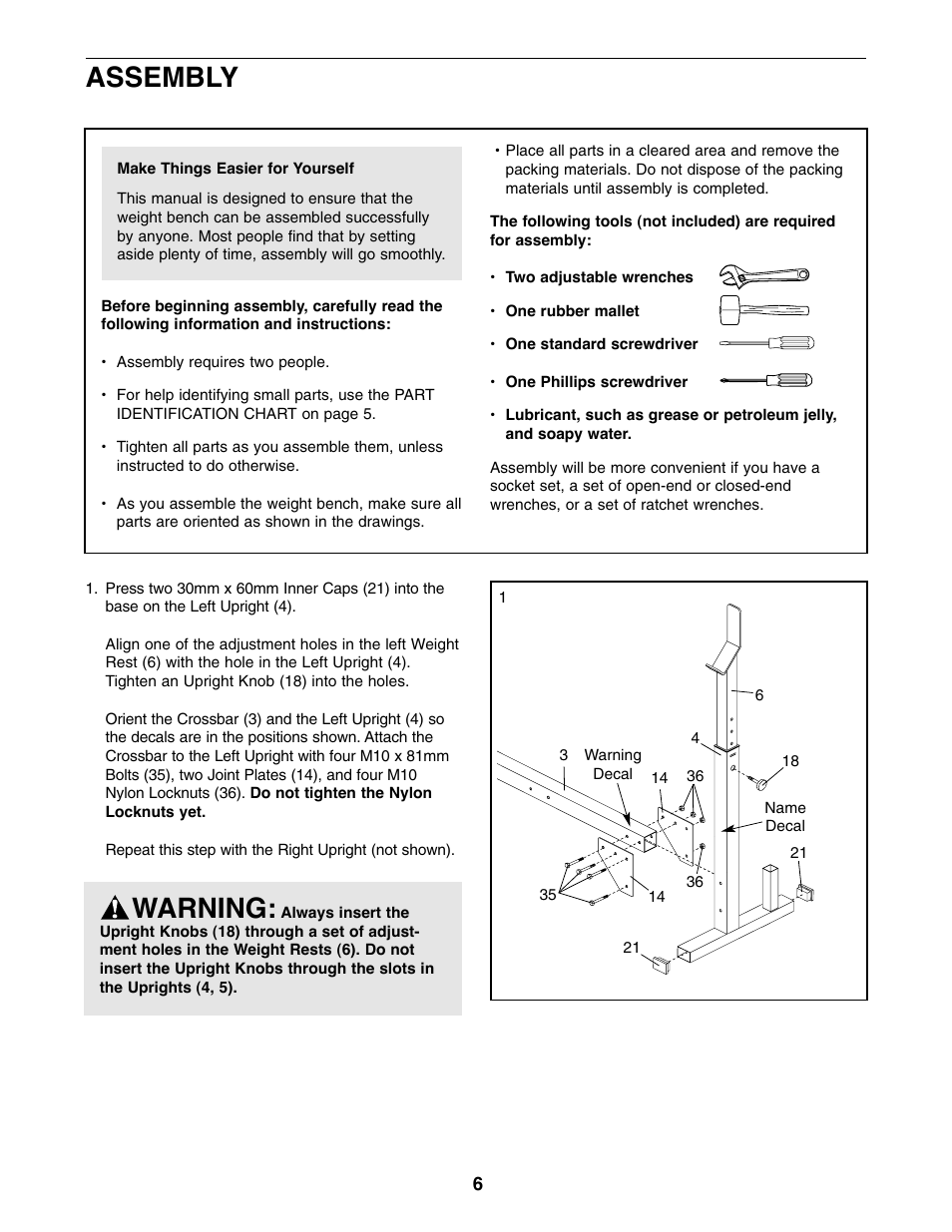 Assembly warning | Weider Pro 875 831.150680 User Manual | Page 6 / 16