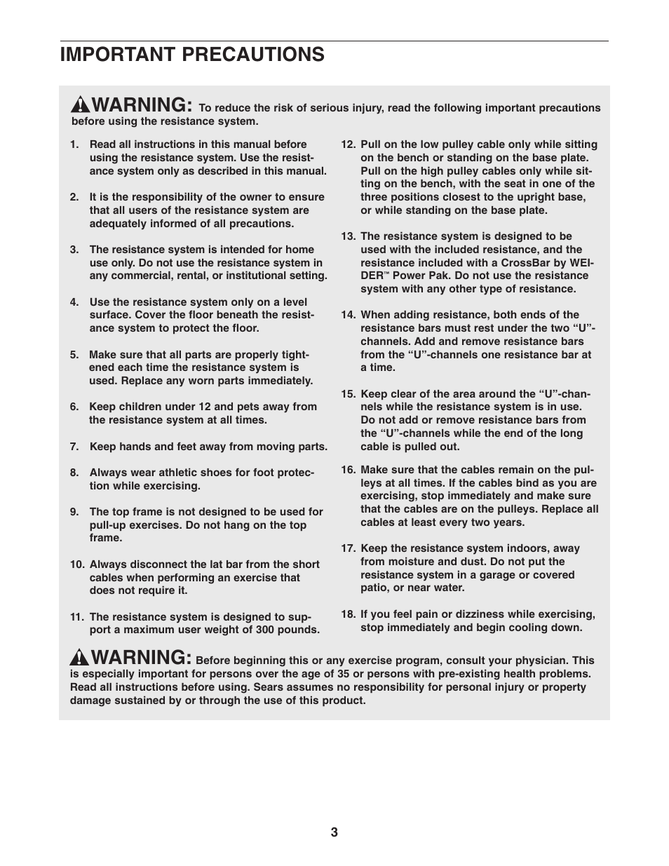 Warning, Important precautions | Weider 831.153921 User Manual | Page 3 / 24