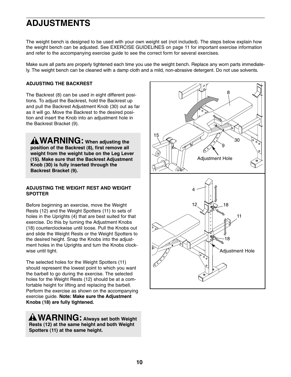 Warning, Adjustments warning | Weider WEBE15210 User Manual | Page 10 / 16